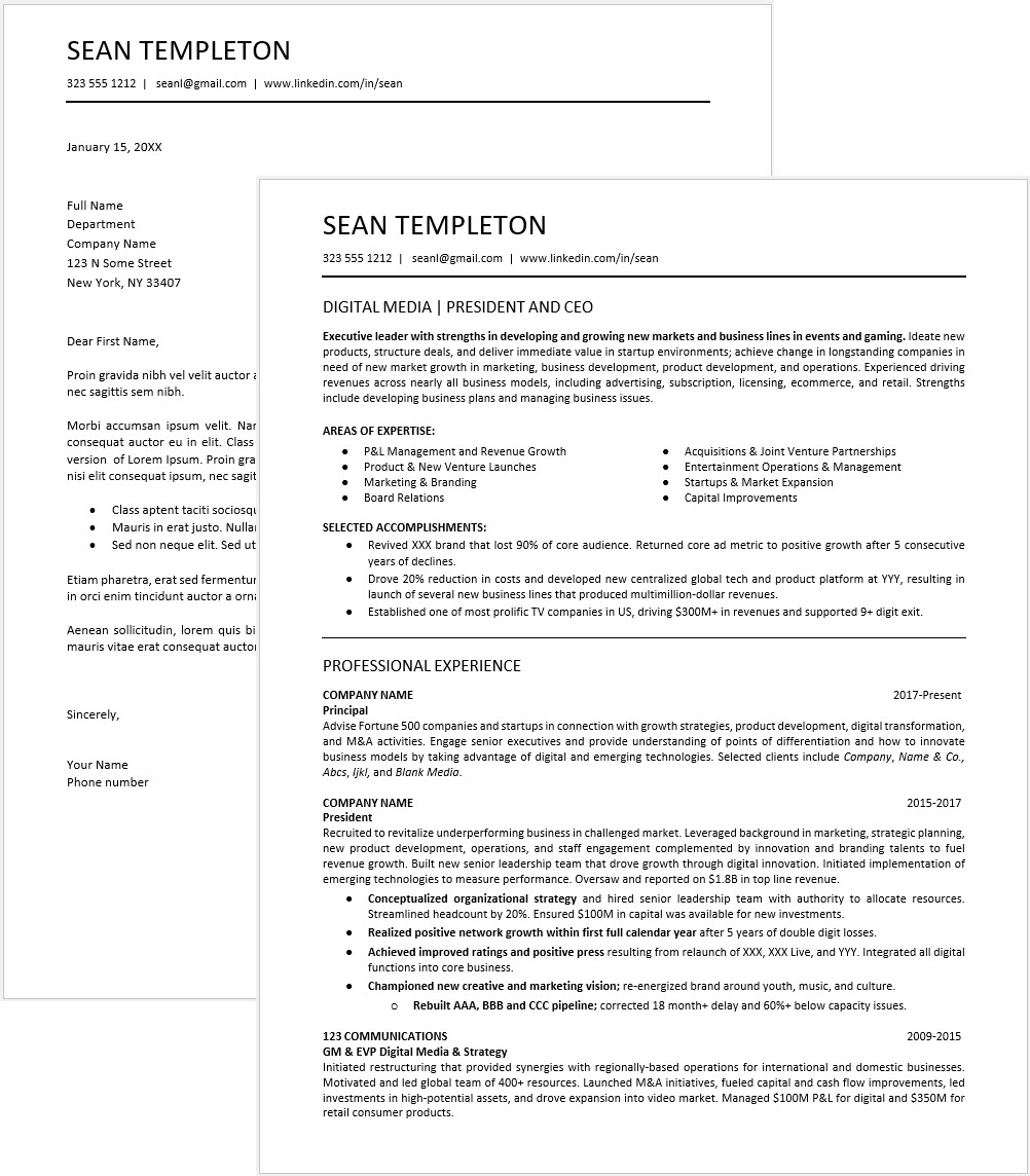 Template 01 BW Sean Templeton r+cl Modern Resume Template, 1-column