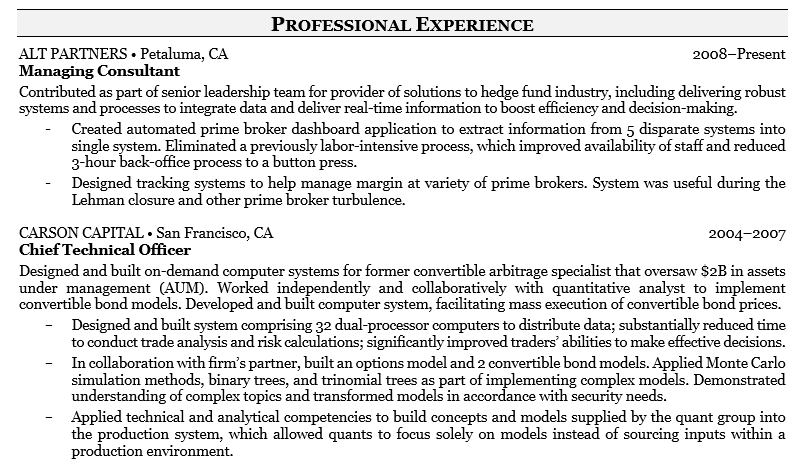 Hedge Fund Resume - professional experience
