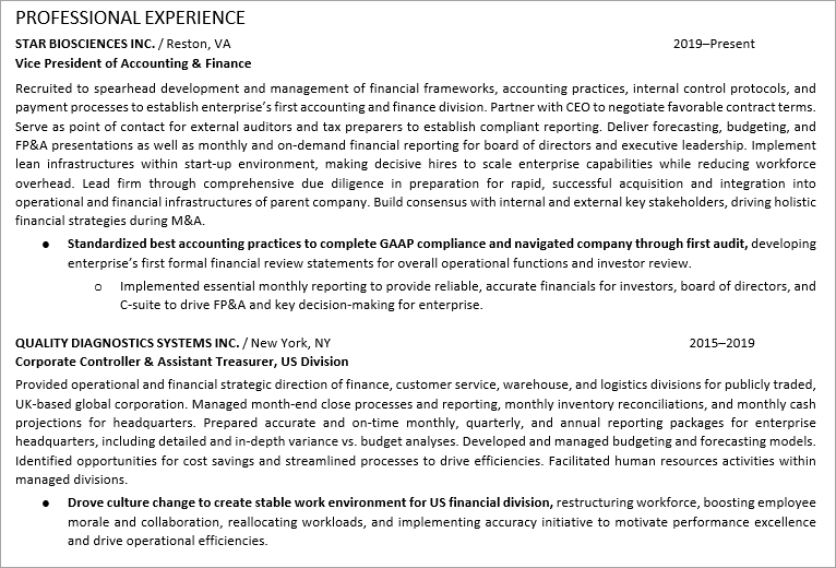 Private Equity Resume - professional experience